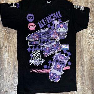 Kuromi Black Short Sleeve Graphic Tee - Pink & Purple Racing Print